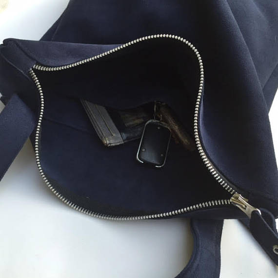 Zipper suede blue tote bag